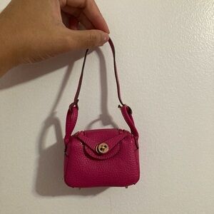 Mini Hot Pink with Gold Hardware Zipper Turnlock Bag Charm Keychain with Strap